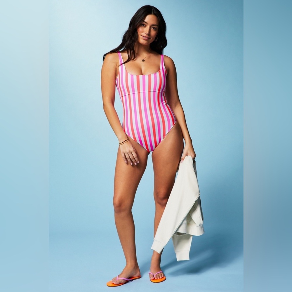 Fabletics Sunset Scoop One-Piece Swimsuit neon candy stripe S